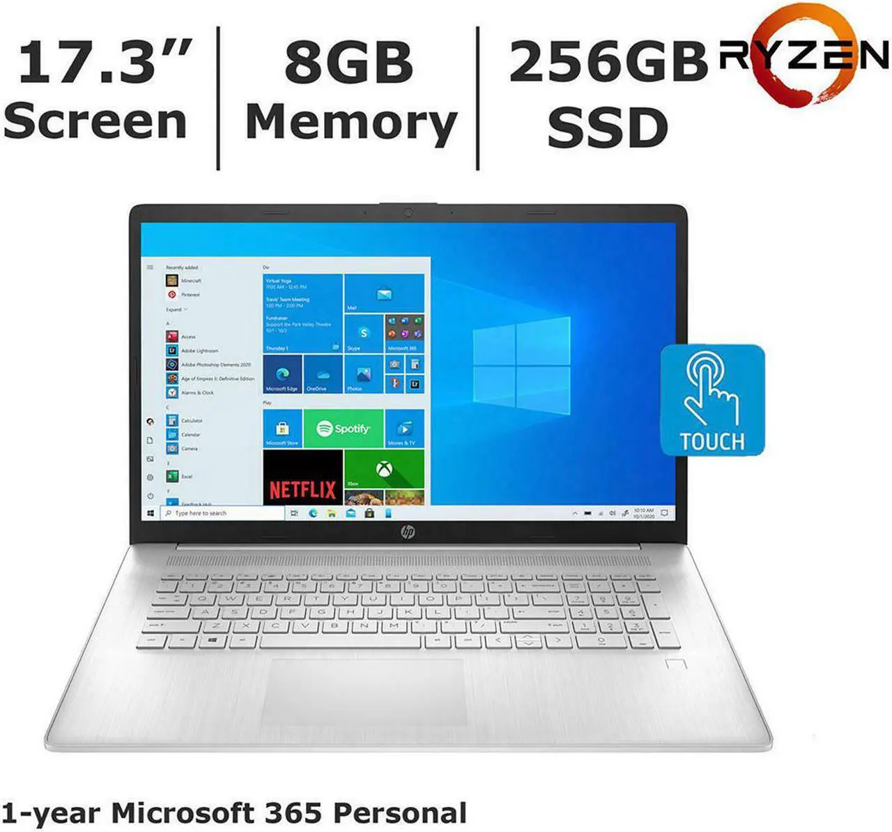 Main image of HP 17.3" Touch 17-cp0056nr AMD Ryzen 3 3250u,  8GB DDR4, 256GB SSD, AMD Radeon Graphics, Webcam, Bluetooth, Windows 10 Home,  Silver