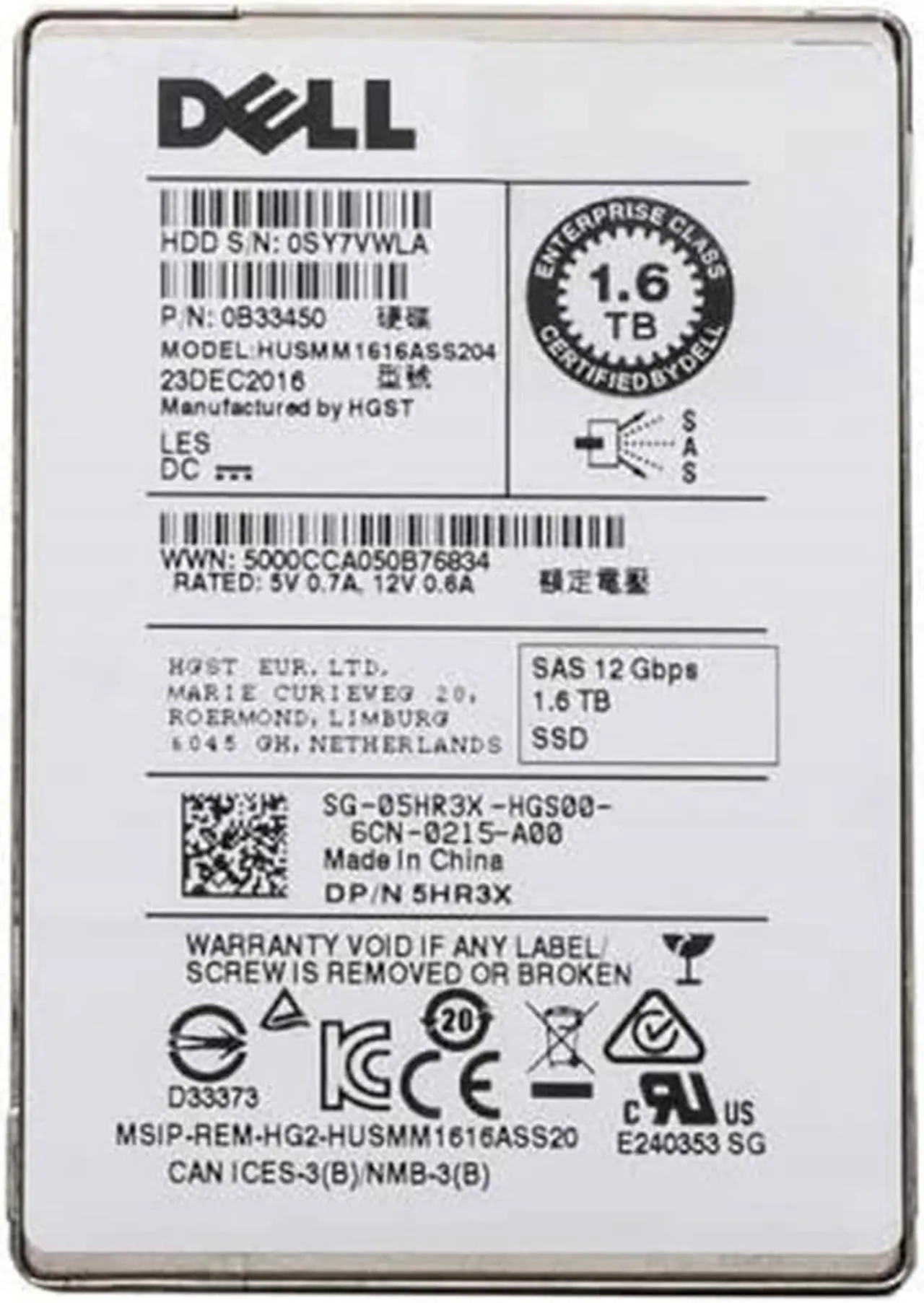 Main image of Dell 1.6TB SAS 2.5'' 12G MLC Solid State Drive (SSD) 5HR3X