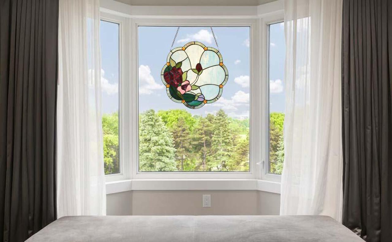 Alt view image 3 of 6 - Bieye W10058 Rose Flower Tiffany Style Stained Glass Window Panel with Chain, 16-inch Wide