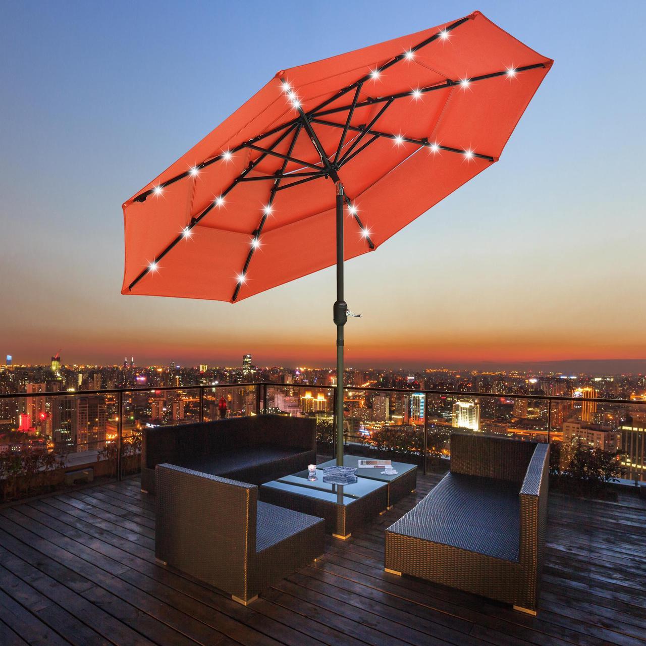 Yescom 9 Ft 3 Tier Patio Umbrella with Solar LED Crank Tilt Button Aluminum Backyard