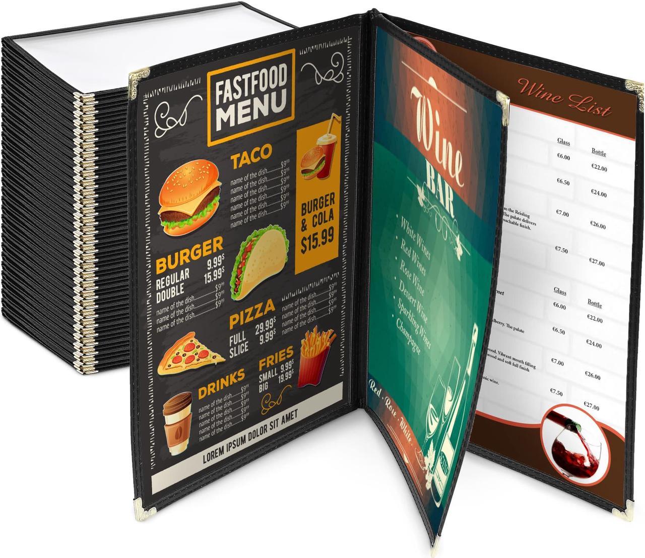 30pc 8.5x14 Menu Cover Trifold 6 View 3 Page Restaurant Cafe Book Clear Black