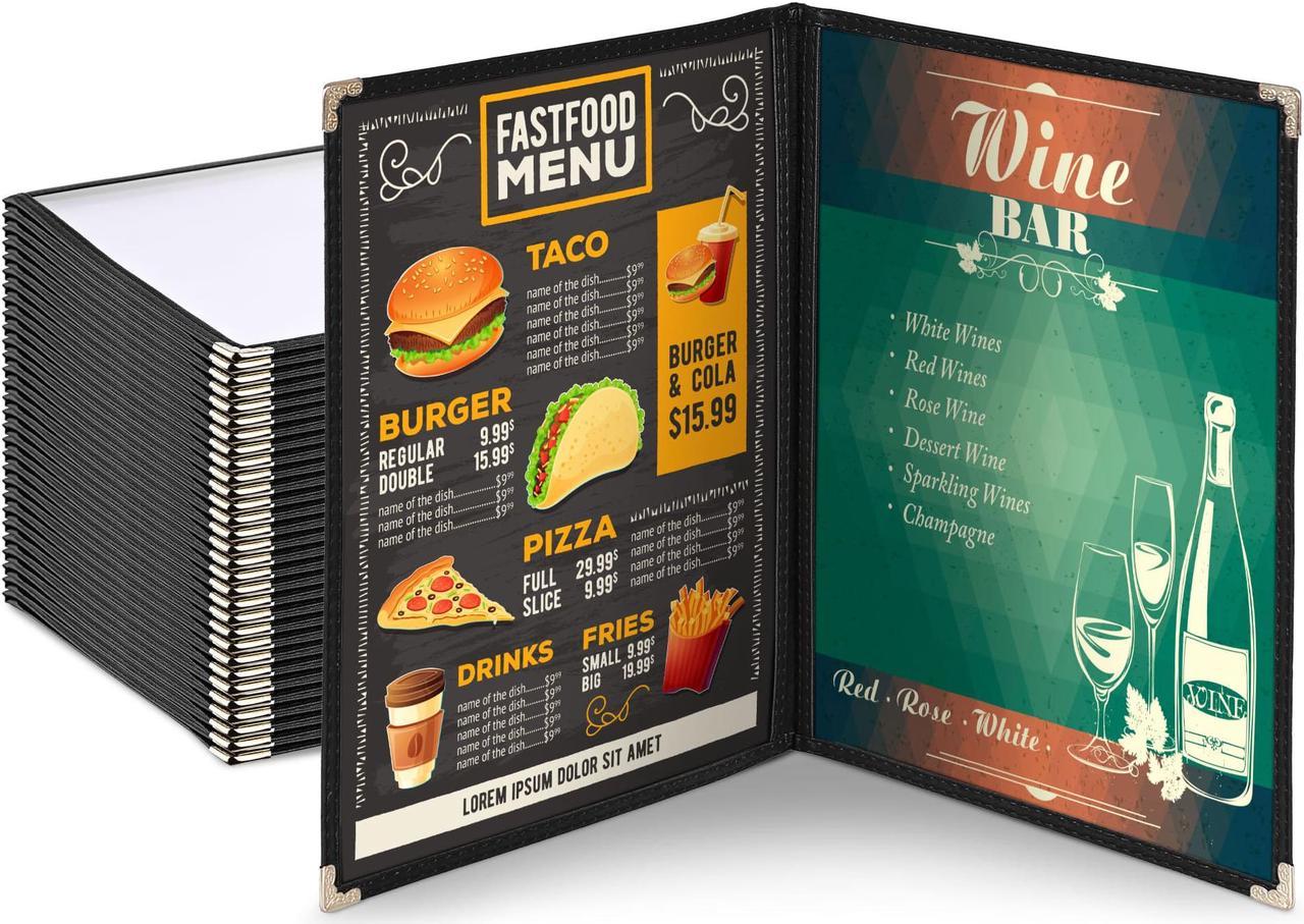 30pc Menu Cover 8.5x11 Letter Double Fold 2 Page 4 View Restaurant Black Trim