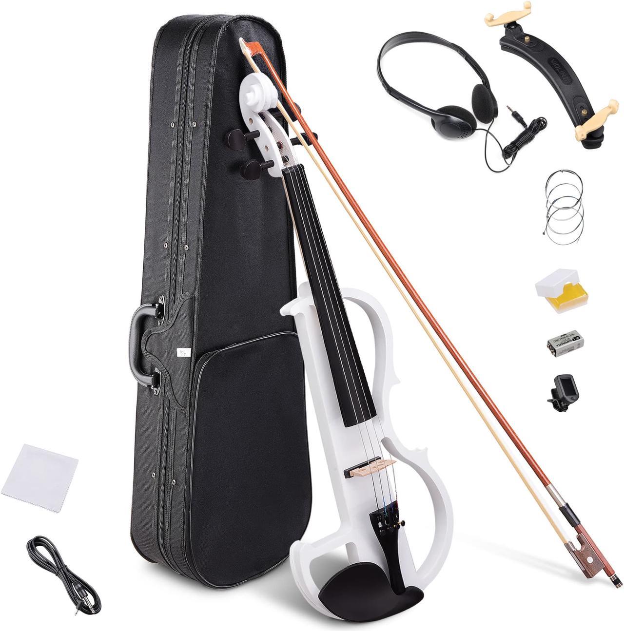 4/4 Electric Violin Full Size Wood Silent Fiddle Fittings Headphone White