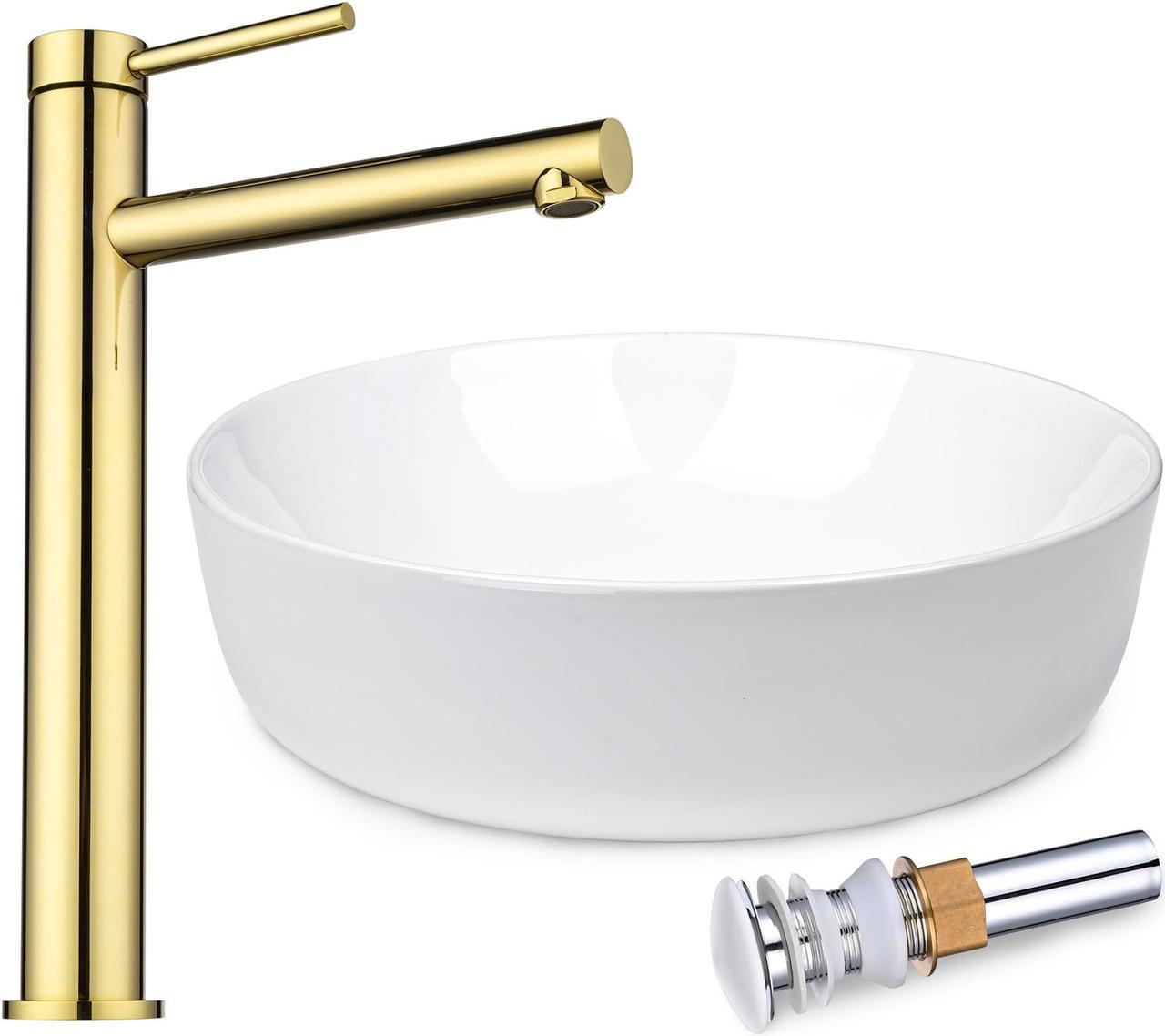 Aquaterior 16" Round Bathroom Ceramic Vessel Sink Faucet Set Vanity Mixer Faucet w/Pop Up Drain Gold (CUPC NSF CEC)