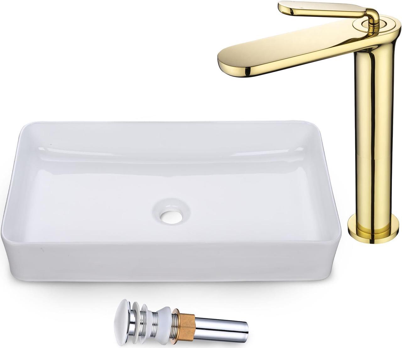 Aquaterior Bathroom Vessel Sink Faucet Kit Rectangle Ceramic Bathroom Sink & One Handle Vanity Basin Mixer Faucet w/Pop Up Drain (CUPC NSF CEC)