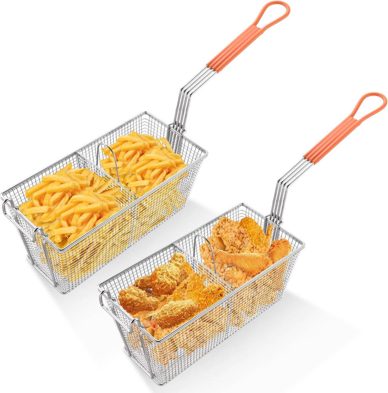 WeChef 2 Packs Deep Fryer Basket with Divider Heavy Duty Construction Fryer Basket with Non-slip Handle for Commercial Restaurant Roadside Stall Red