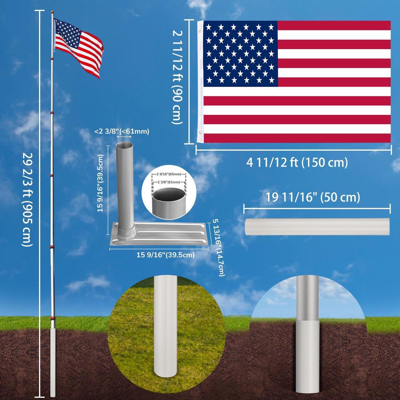 Alt view image 5 of 7 - Yescom 30ft Telescopic Lightweight Aluminum Flagpole Tire Mount Stand Kit 3'x5' US Flag Ball Pole Top