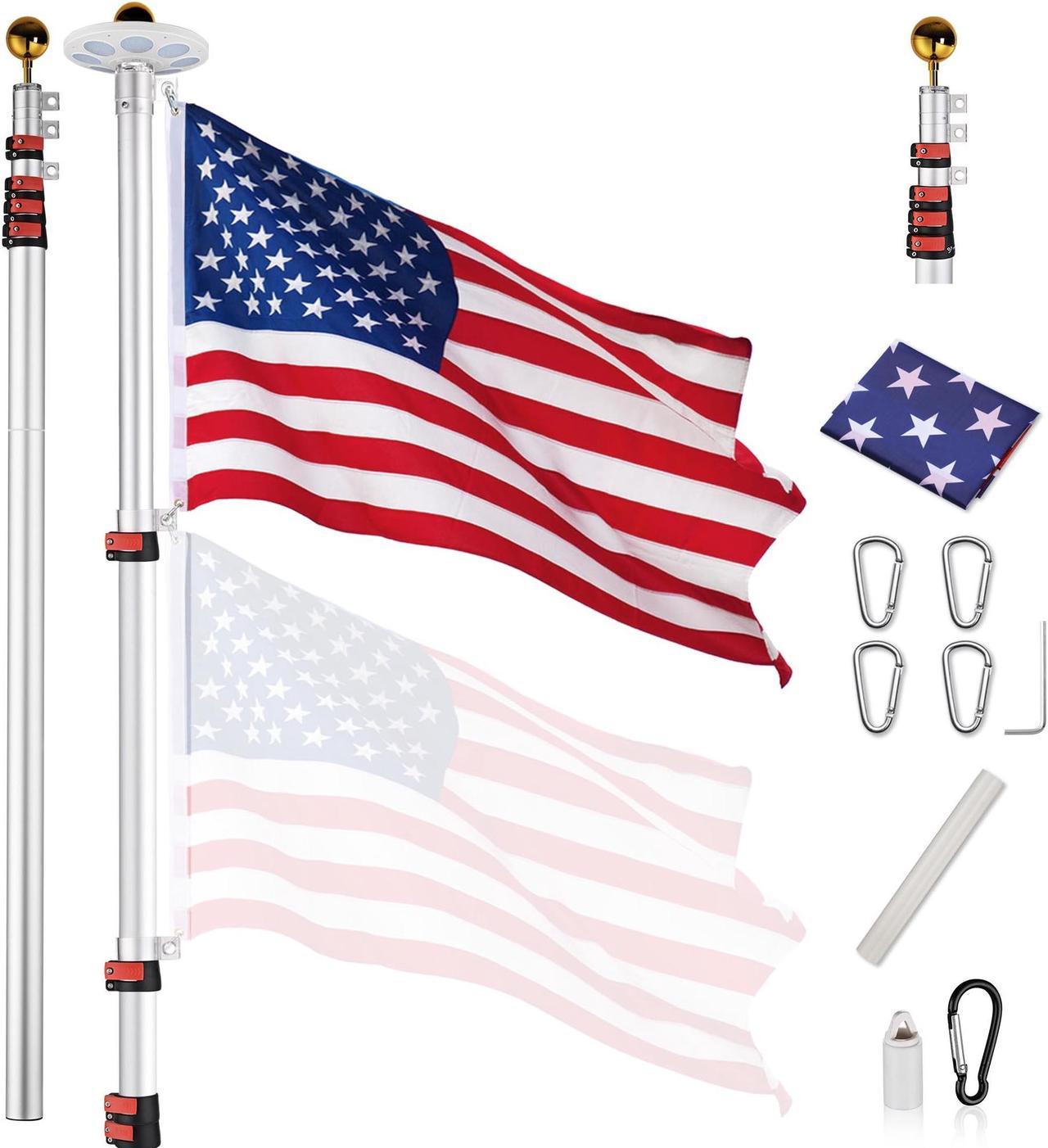 25 Ft Telescopic Aluminum Flag Pole Kit with 136 LED Solar Light US Flag Outdoor