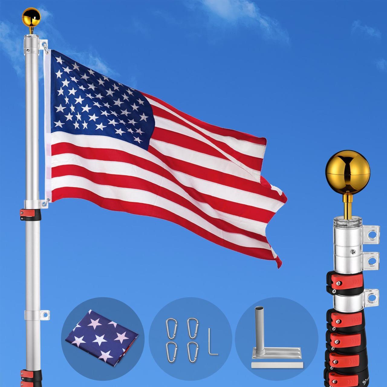 Alt view image 3 of 7 - Yescom 30ft Telescopic Lightweight Aluminum Flagpole Tire Mount Stand Kit 3'x5' US Flag Ball Pole Top