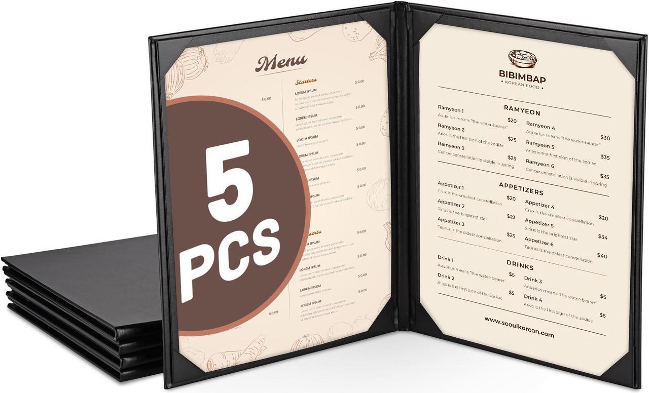 WeChef 5 Pack Menu Covers 8.5"x11" 2 Views Faux Leather Cafe Restaurant Bars