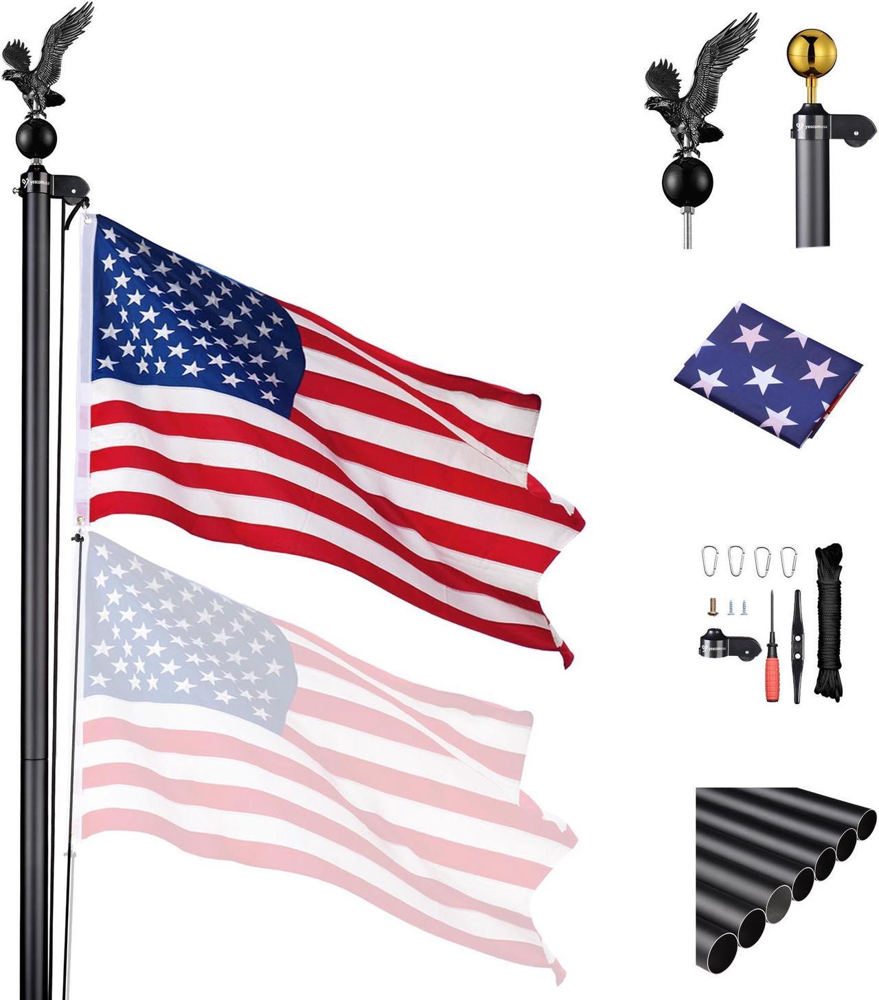 Yescom 25 Ft Aluminum Sectional Flagpole Kit with Gold Ball & Eagle Topper Fly 2 Flags