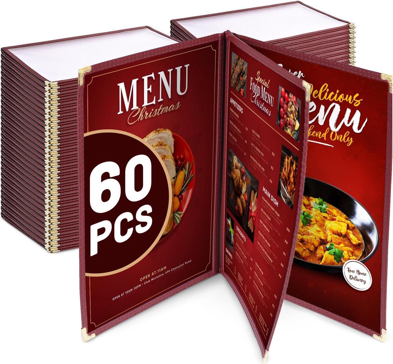 WeChef 60 Pack Restaurant Menu Covers Burgundy 8.5x14" Book Style 3 Pages 6 View