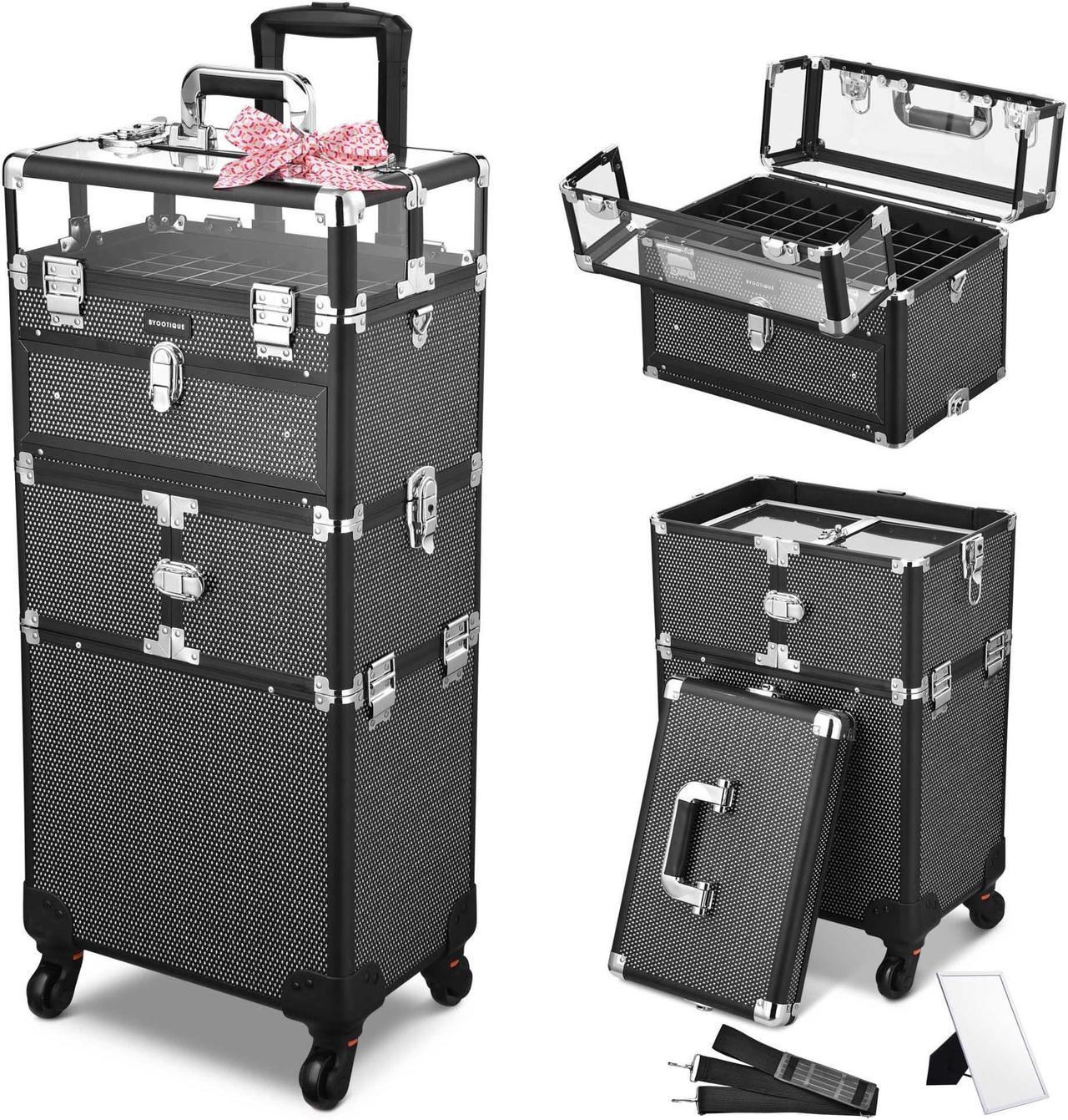 Byootique 2in1 Nail Polish Organizer Rolling Makeup Train Case Manicure Black