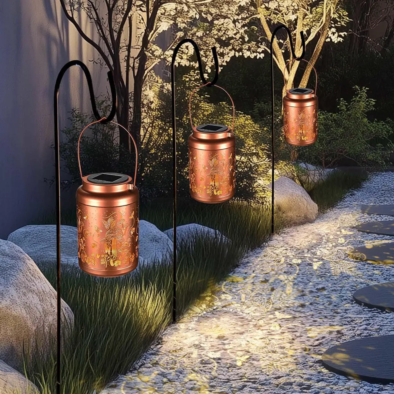Alt view image 2 of 7 - LAGarden Mushroom Solar Lantern with Shepherds Hooks Outdoor Hanging Decor Light Christmas Gifts Yard Patio Porch 6Pack