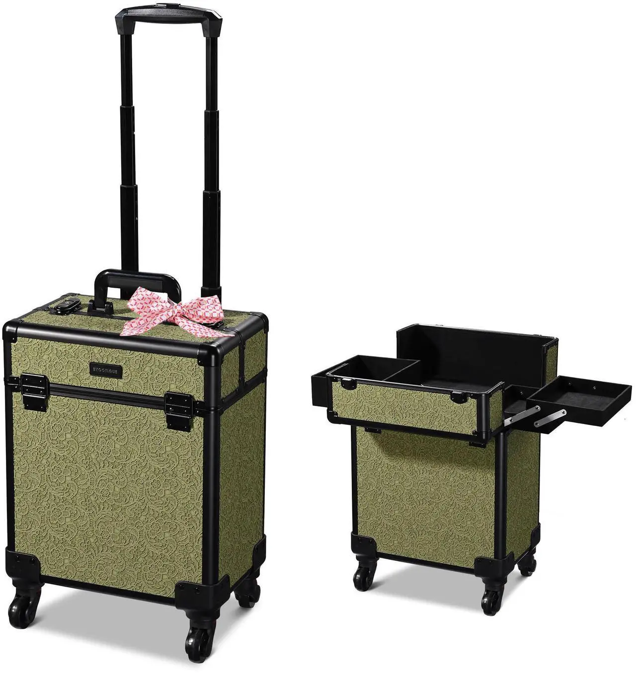 Main image of Byootique Rolling Makeup Train Case Cosmetic Trolley Organizer Salon Rococo Moss