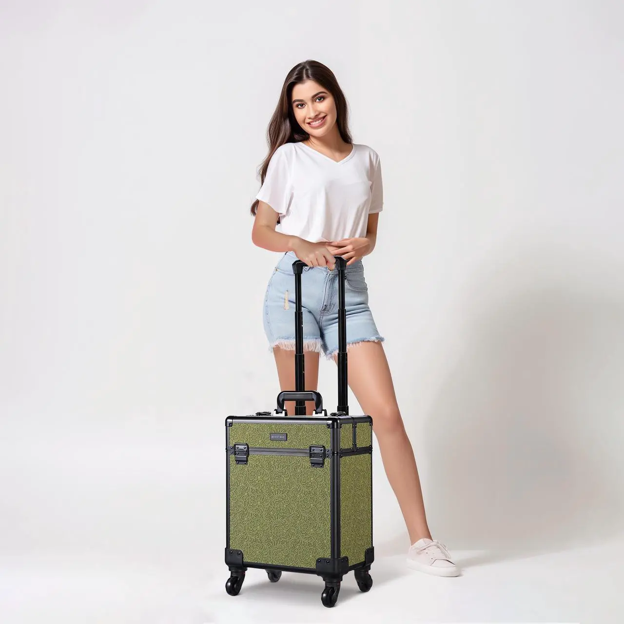 Alt view image 6 of 7 - Byootique Rolling Makeup Train Case Cosmetic Trolley Organizer Salon Rococo Moss