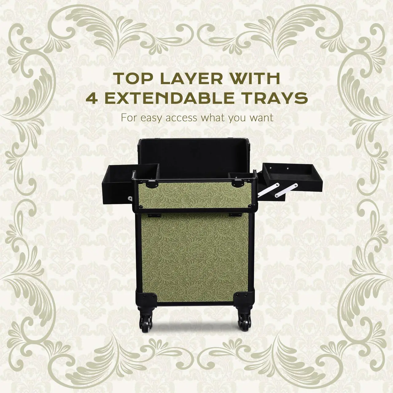 Alt view image 4 of 7 - Byootique Rolling Makeup Train Case Cosmetic Trolley Organizer Salon Rococo Moss