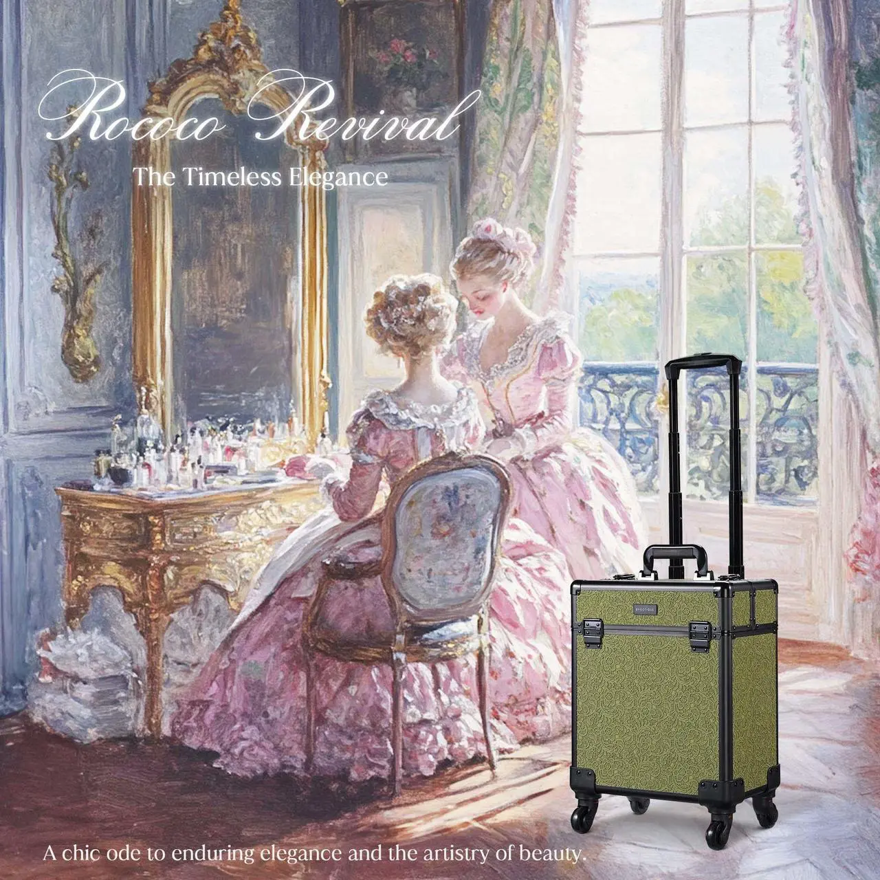Alt view image 2 of 7 - Byootique Rolling Makeup Train Case Cosmetic Trolley Organizer Salon Rococo Moss