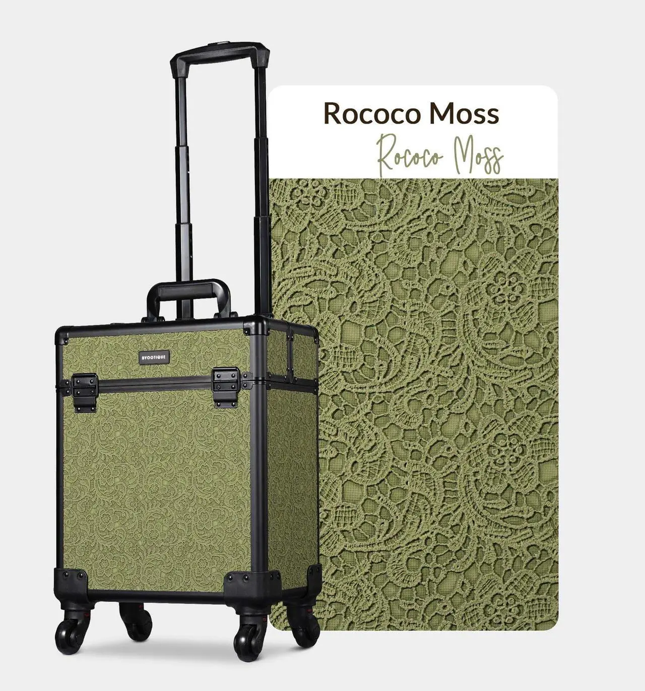 Alt view image 3 of 7 - Byootique Rolling Makeup Train Case Cosmetic Trolley Organizer Salon Rococo Moss
