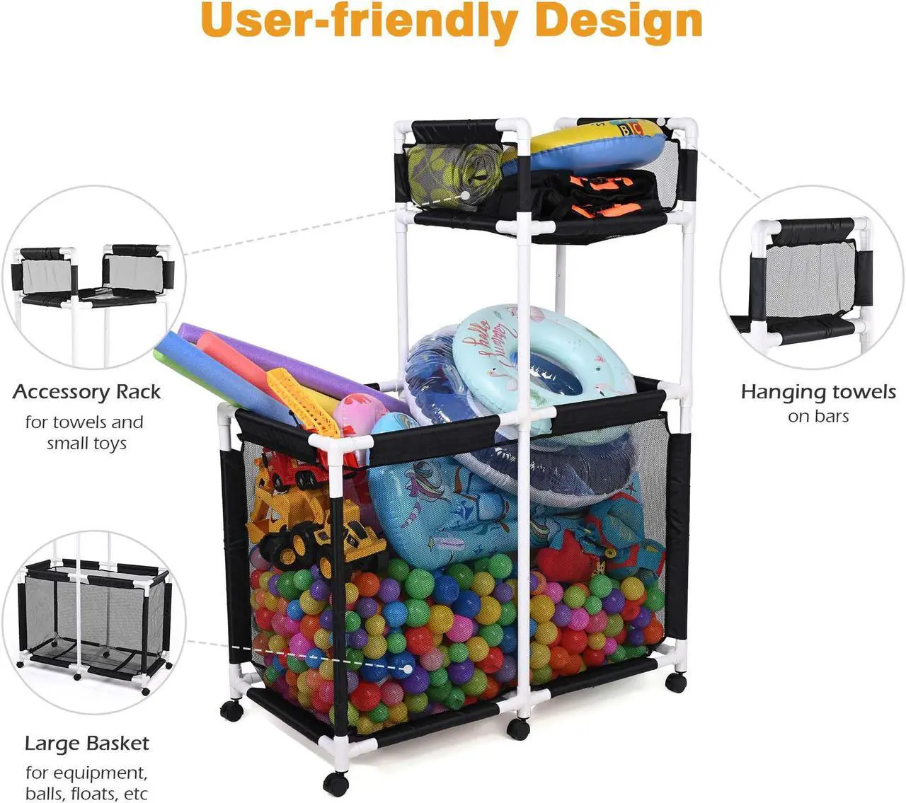 Alt view image 3 of 7 - Yescom Mesh Pool Storage Bin Rolling Toys Floats Cart Extra Large PVC Framed 6 Wheels with Black Cover Replacement