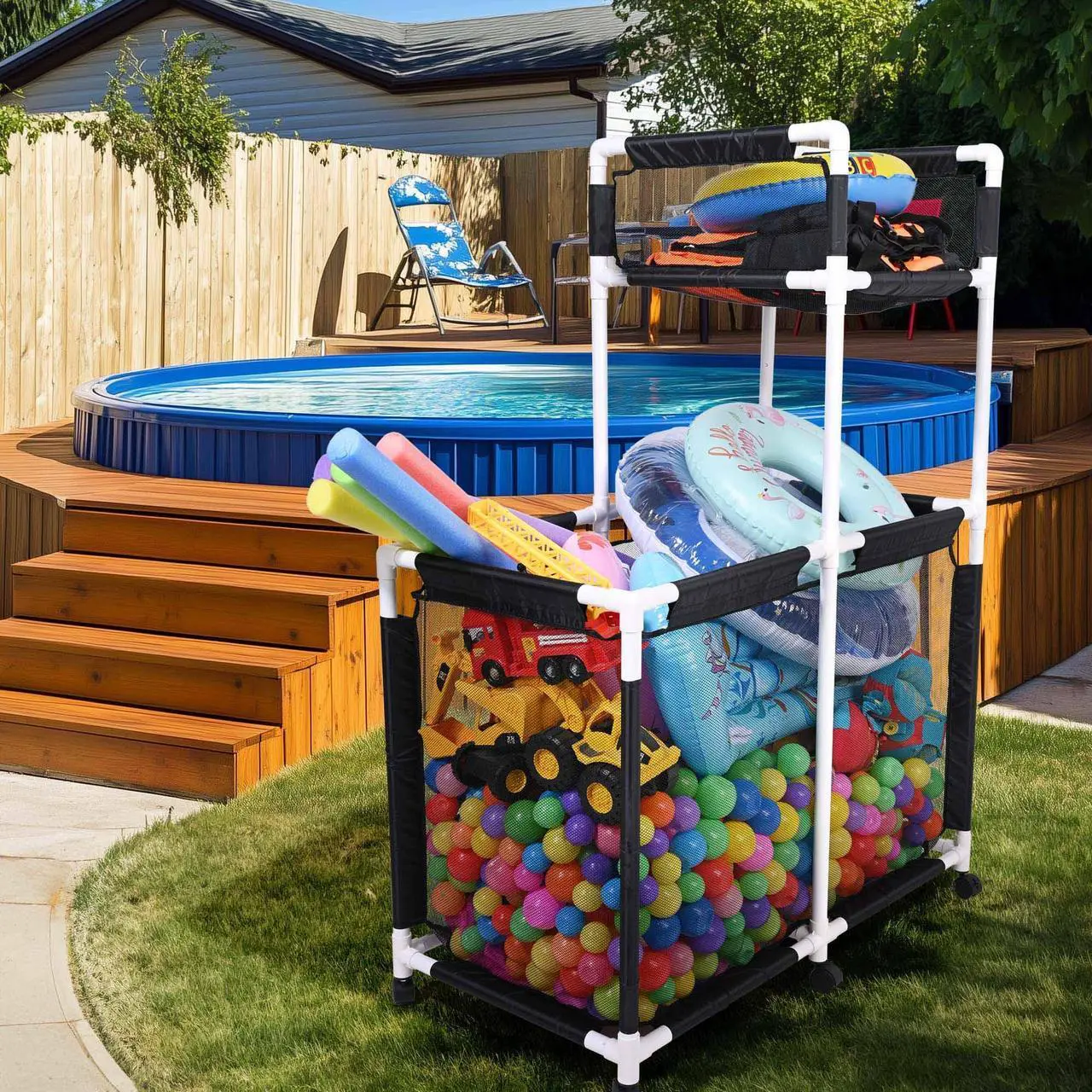 Alt view image 7 of 7 - Yescom Mesh Pool Storage Bin Rolling Toys Floats Cart Extra Large PVC Framed 6 Wheels with Black Cover Replacement