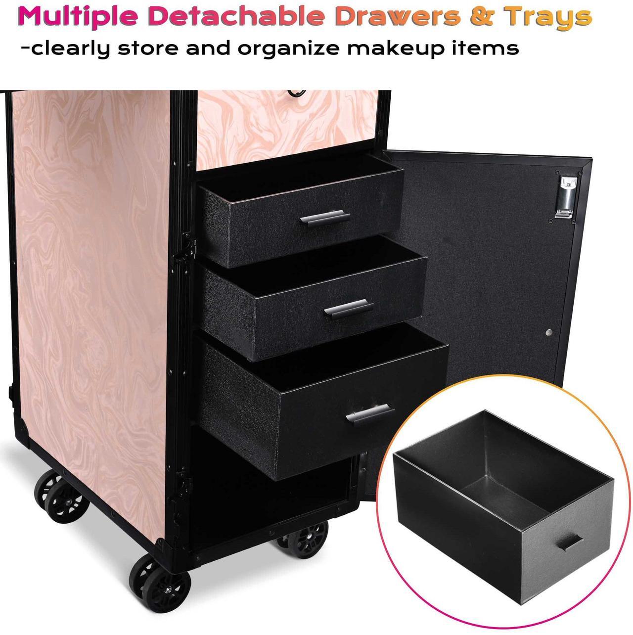 Alt view image 4 of 7 - Byootique Rolling Nail Table w/ Makeup Case Cosmetic Organizer Aluminum Pink