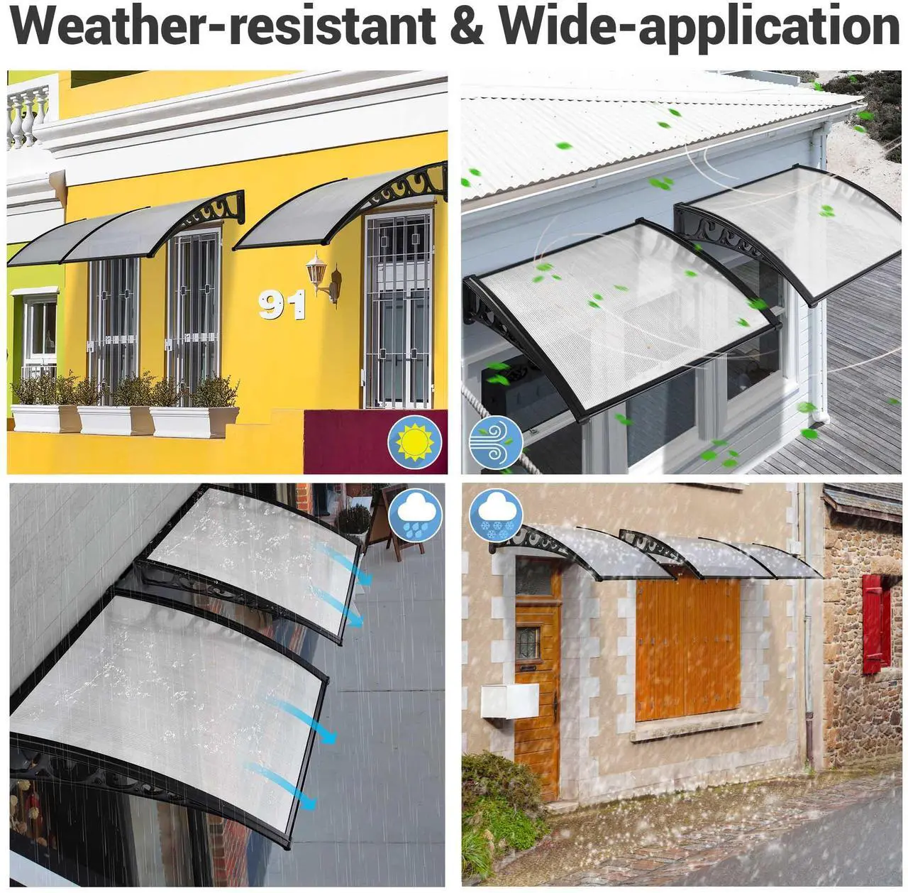 Alt view image 5 of 7 - Yescom 2Pcs 40"x40" Door Window Awning Whole One-piece Polycarbonate UV30+ Outdoor Rain Snow Protection White Board