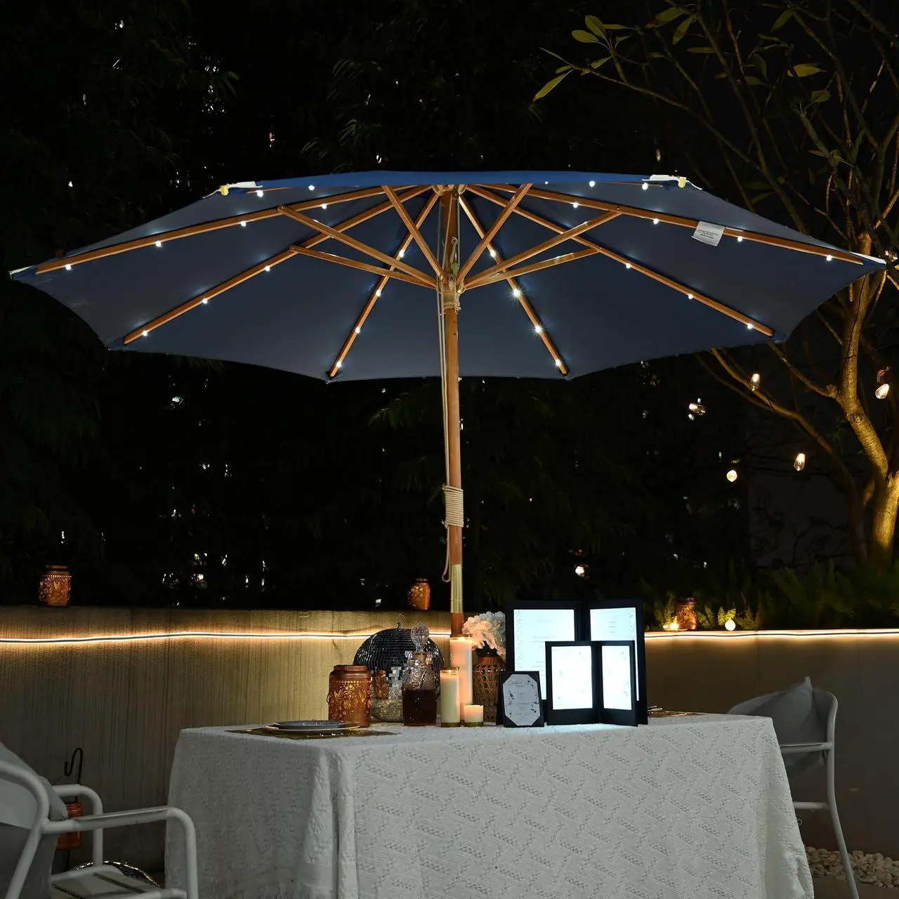 Alt view image 2 of 7 - LAGarden Boho 32 LED 9Ft Wood Market Patio Umbrella with Solar Lights for Bar Hotel Resort Alfresco Dining Rooftop Restauran Navy Blue