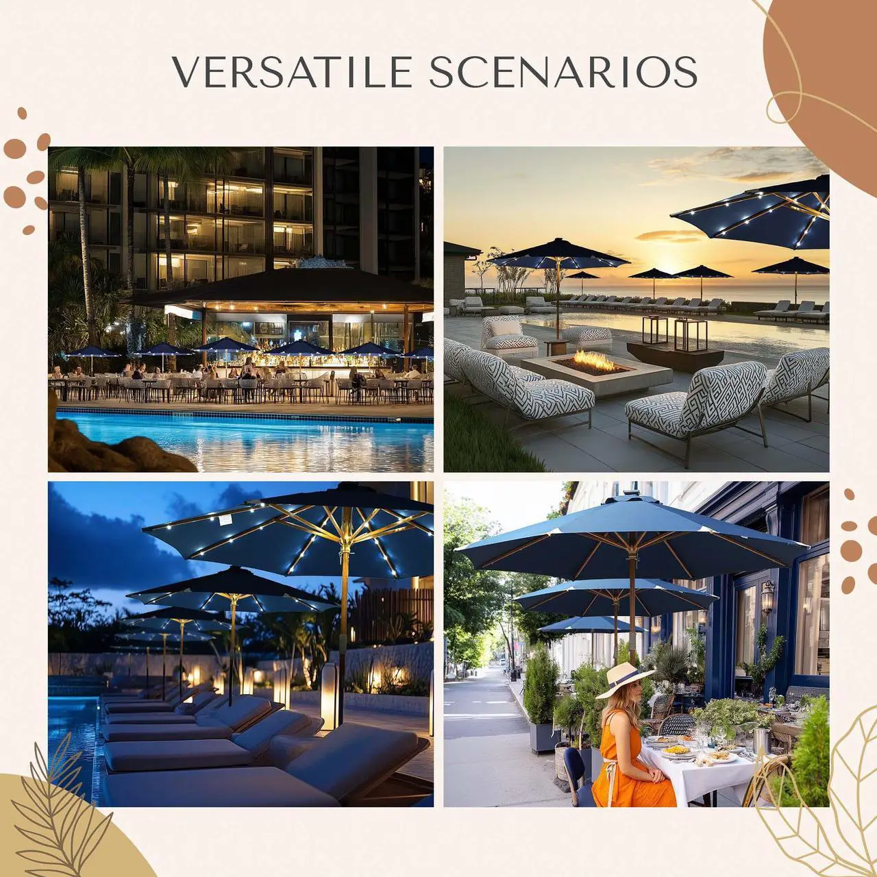 Alt view image 3 of 7 - LAGarden Boho 32 LED 9Ft Wood Market Patio Umbrella with Solar Lights for Bar Hotel Resort Alfresco Dining Rooftop Restauran Navy Blue