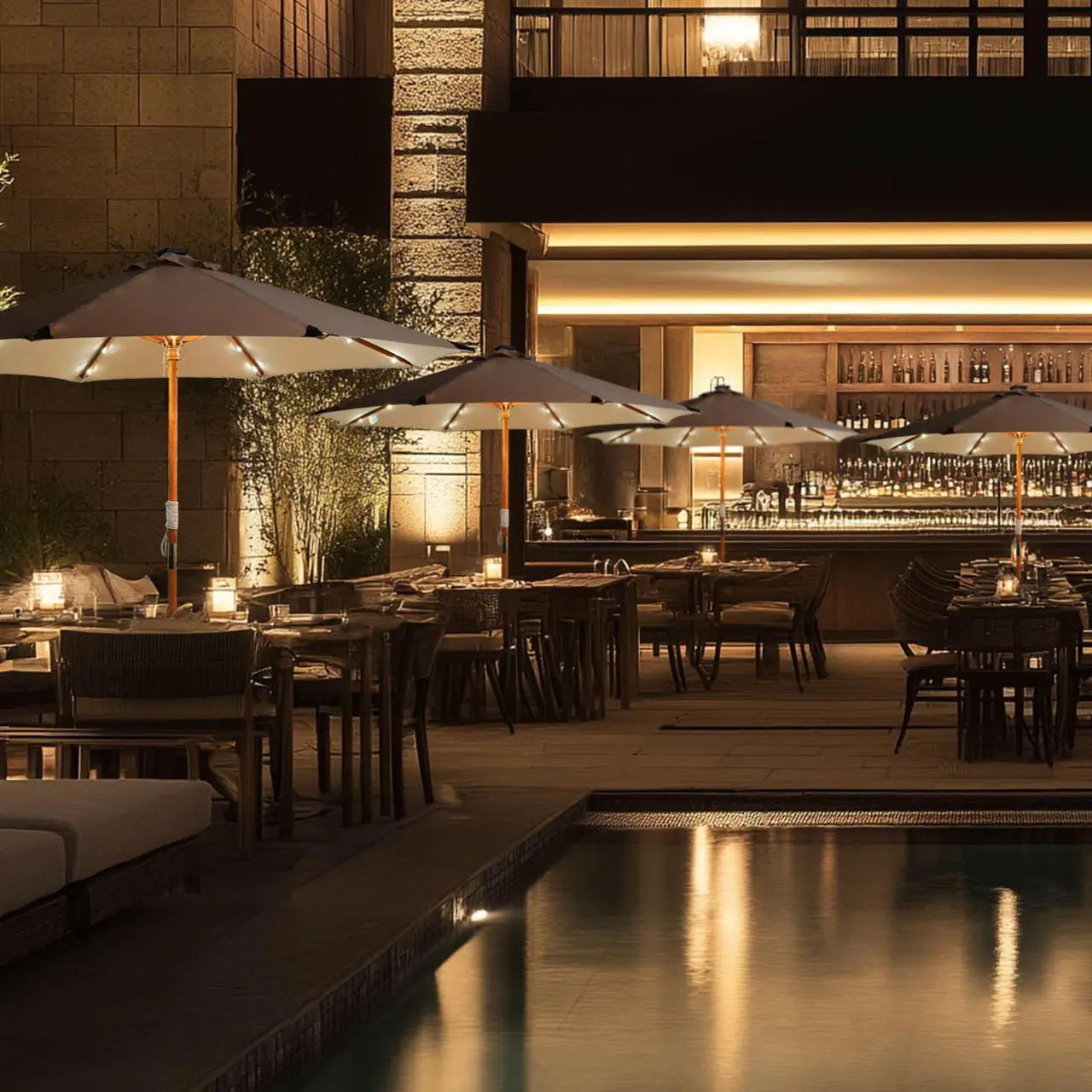 Alt view image 2 of 7 - LAGarden Boho 32 LED 9Ft Wood Market Patio Umbrella with Solar Lights for Bar Hotel Resort Alfresco Dining Rooftop Restauran Mocha