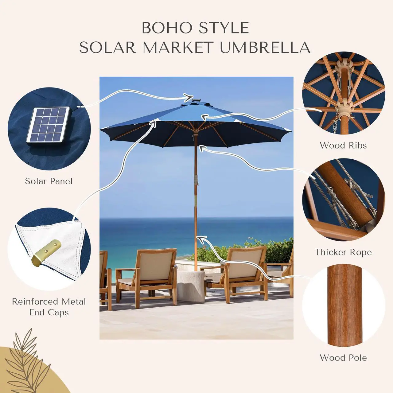 Alt view image 4 of 7 - LAGarden Boho 32 LED 9Ft Wood Market Patio Umbrella with Solar Lights for Bar Hotel Resort Alfresco Dining Rooftop Restauran Navy Blue