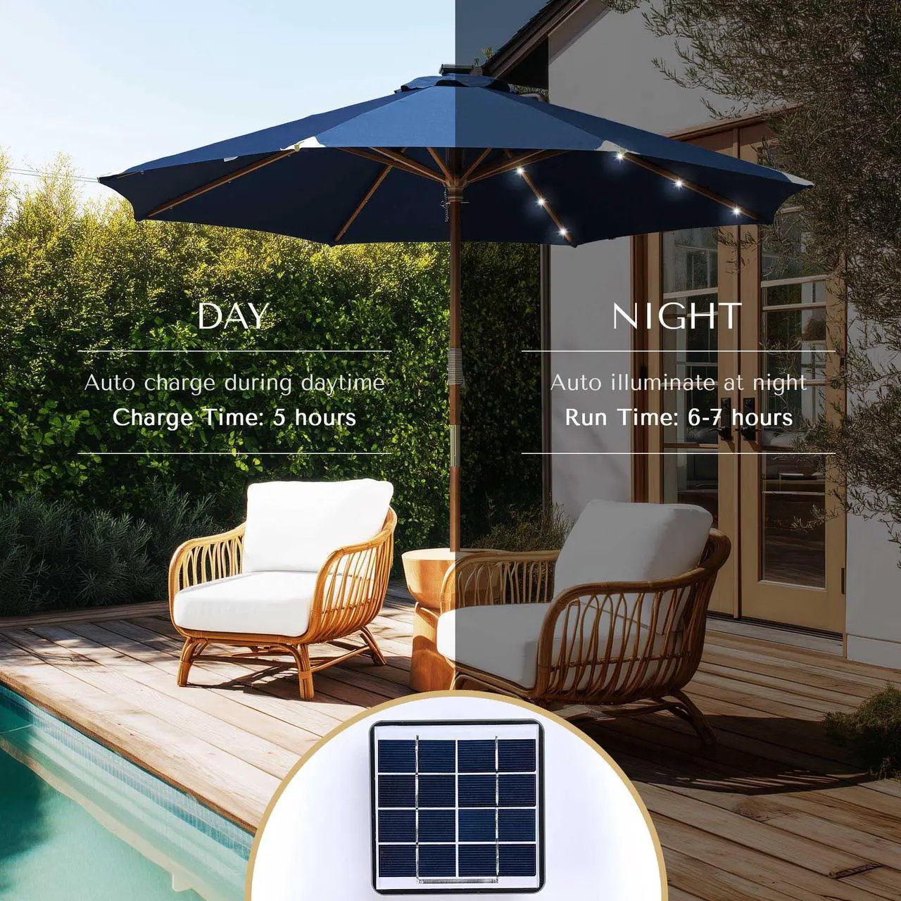 Alt view image 6 of 7 - LAGarden Boho 32 LED 9Ft Wood Market Patio Umbrella with Solar Lights for Bar Hotel Resort Alfresco Dining Rooftop Restauran Navy Blue