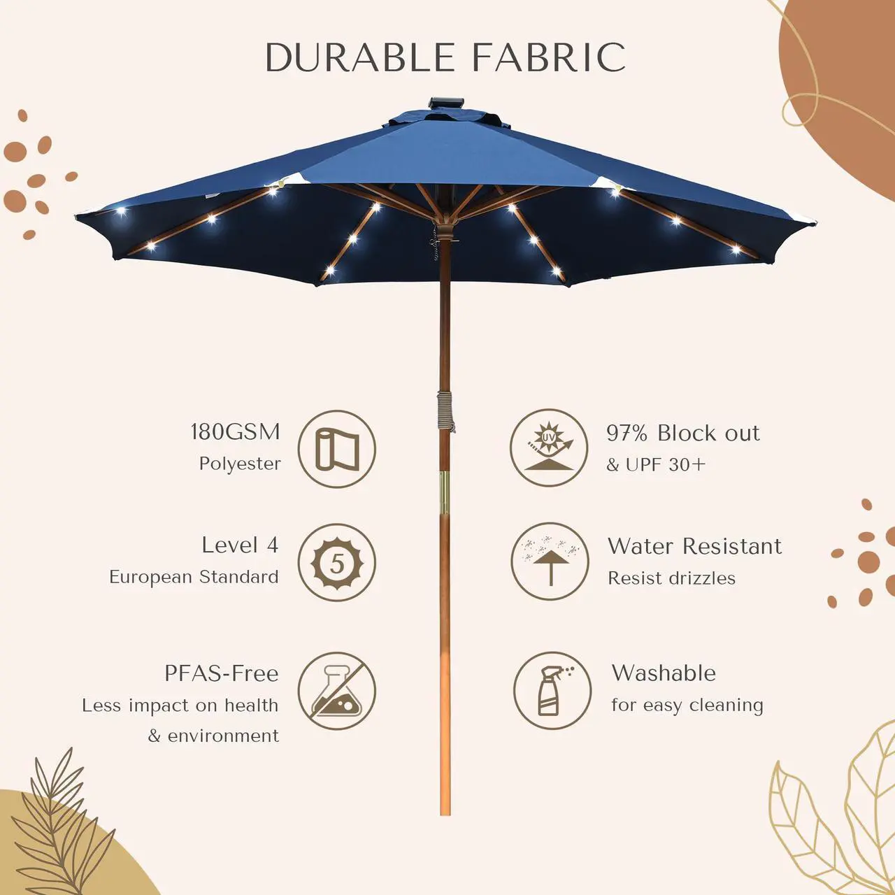 Alt view image 5 of 7 - LAGarden Boho 32 LED 9Ft Wood Market Patio Umbrella with Solar Lights for Bar Hotel Resort Alfresco Dining Rooftop Restauran Navy Blue