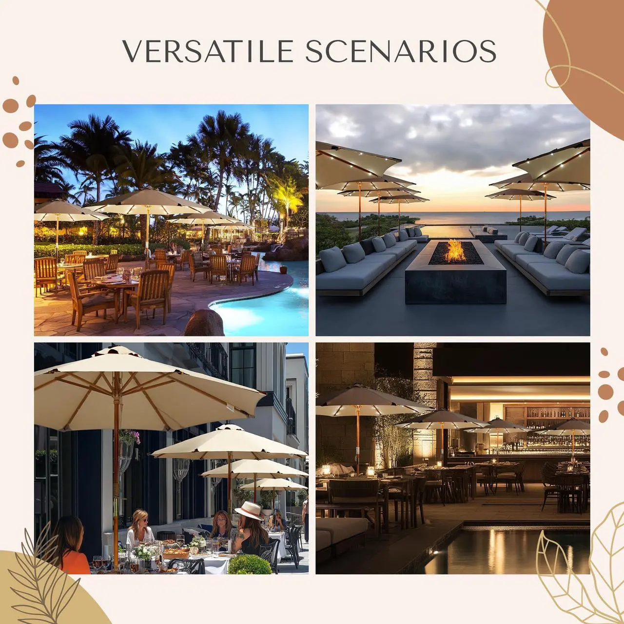 Alt view image 3 of 7 - LAGarden Boho 32 LED 9Ft Wood Market Patio Umbrella with Solar Lights for Bar Hotel Resort Alfresco Dining Rooftop Restauran Mocha