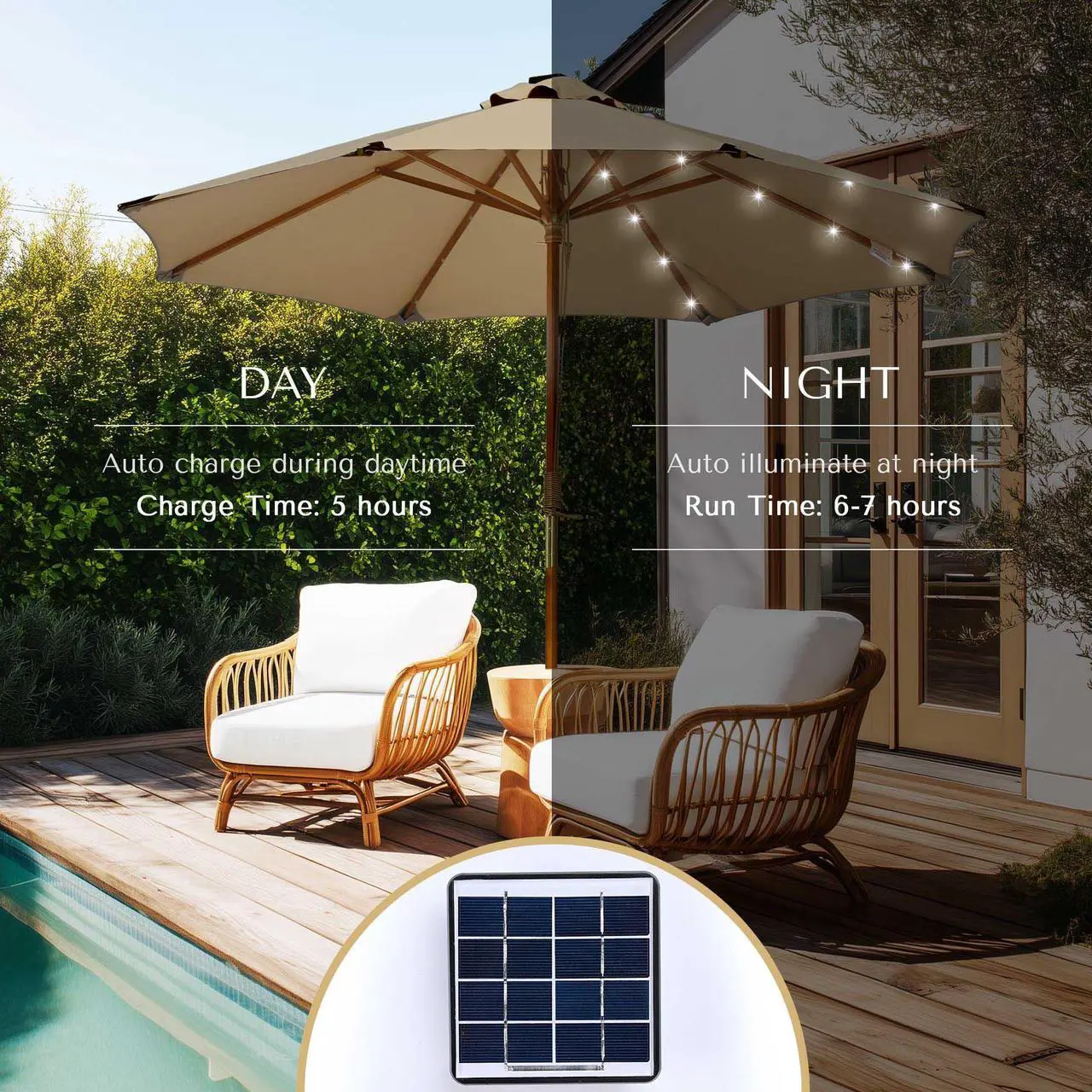 Alt view image 6 of 7 - LAGarden Boho 32 LED 9Ft Wood Market Patio Umbrella with Solar Lights for Bar Hotel Resort Alfresco Dining Rooftop Restauran Mocha