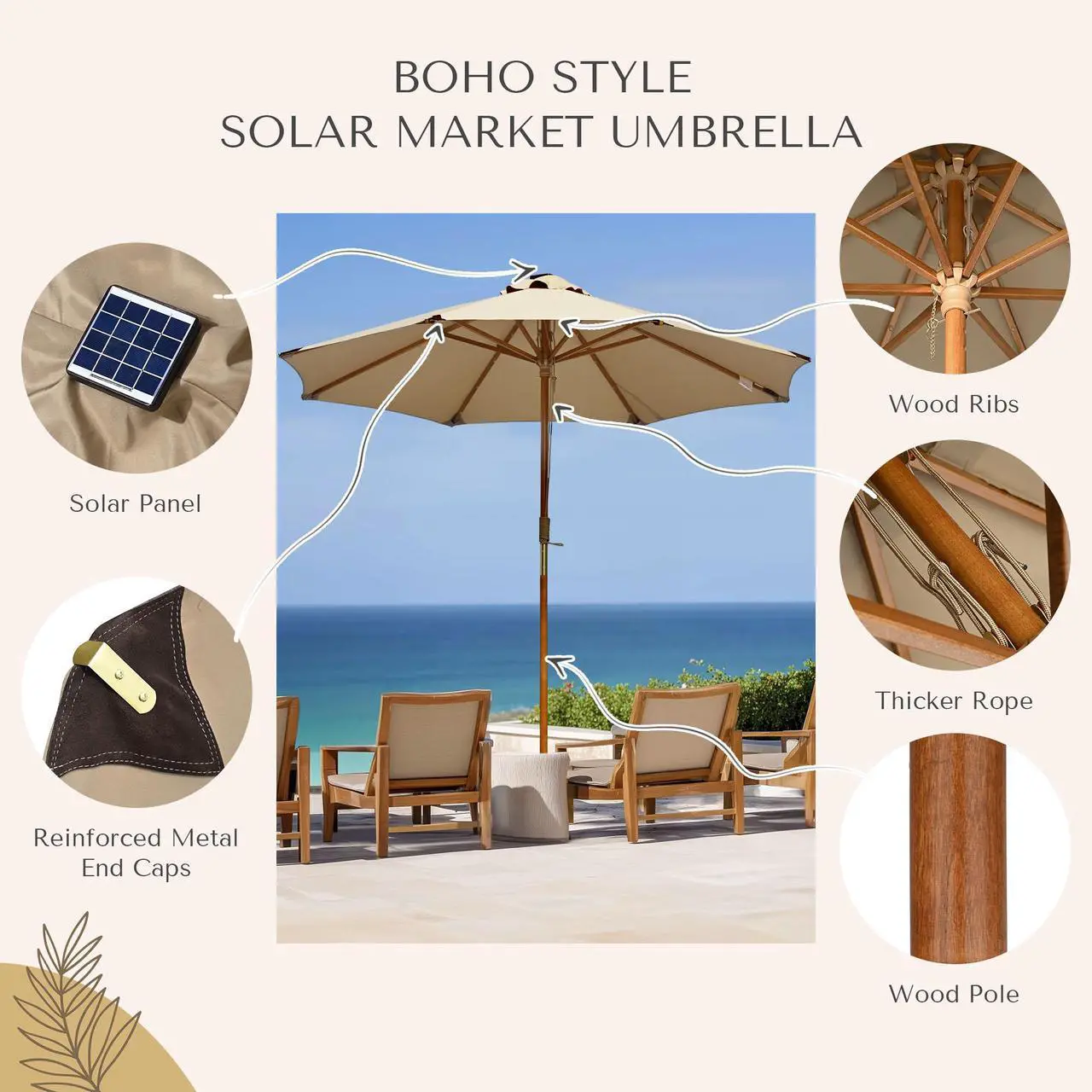 Alt view image 4 of 7 - LAGarden Boho 32 LED 9Ft Wood Market Patio Umbrella with Solar Lights for Bar Hotel Resort Alfresco Dining Rooftop Restauran Mocha