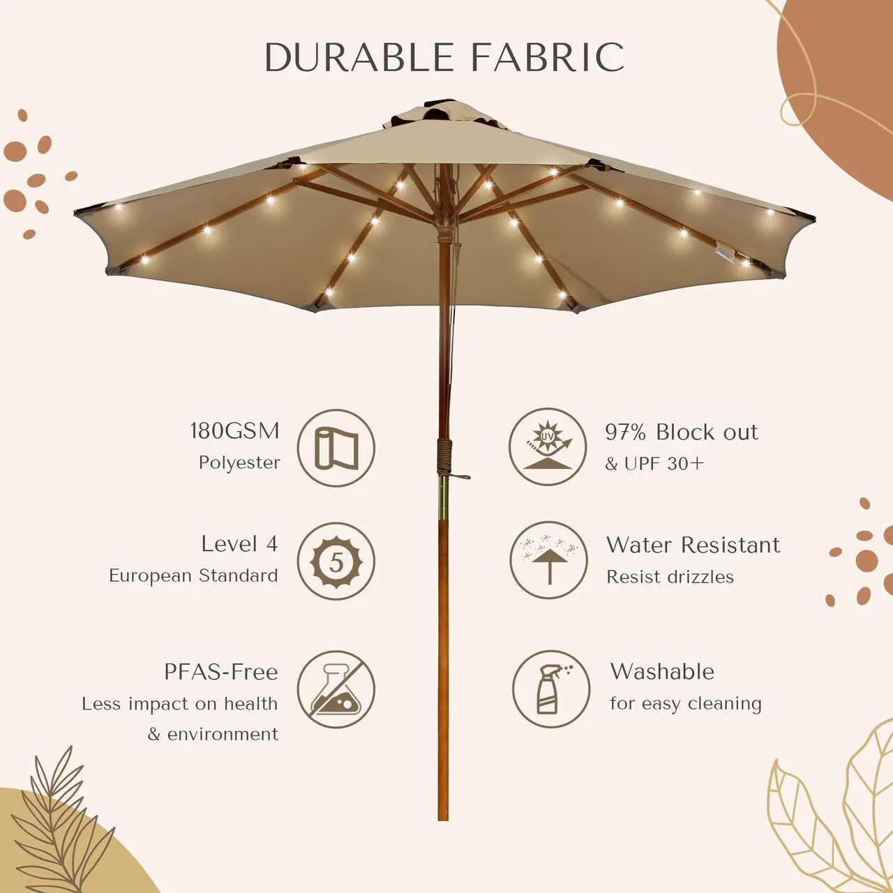 Alt view image 5 of 7 - LAGarden Boho 32 LED 9Ft Wood Market Patio Umbrella with Solar Lights for Bar Hotel Resort Alfresco Dining Rooftop Restauran Mocha