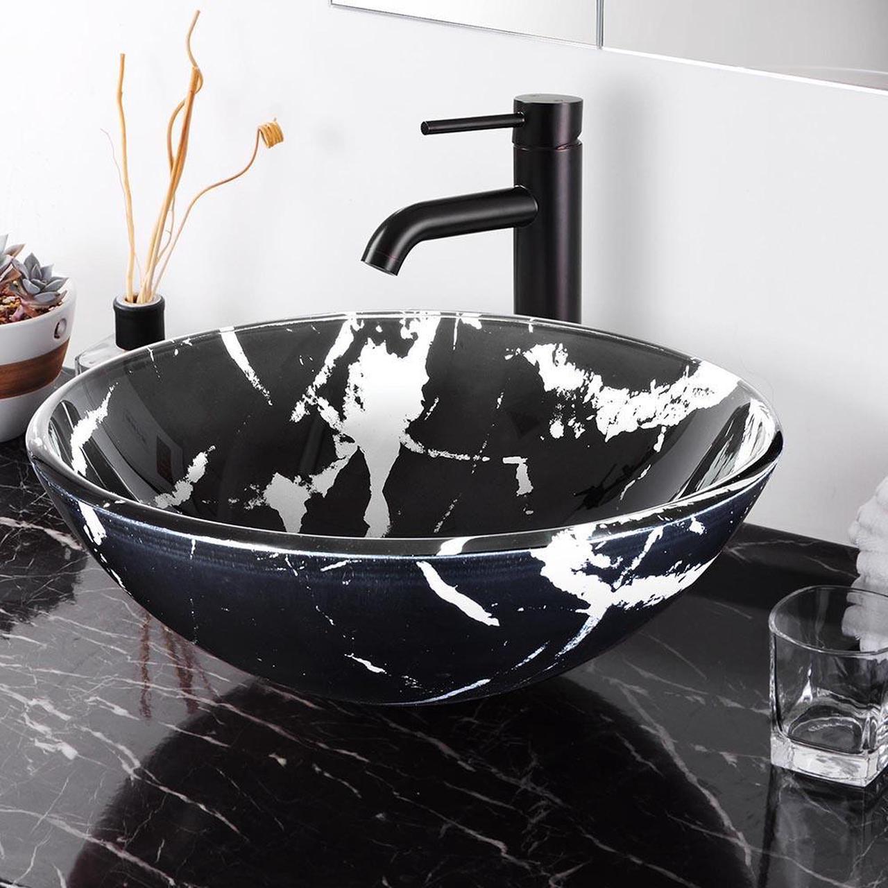 Tempered Glass Round Vessel Sink Artistic Marbling Pattern Above Counter Bathroom Vanity Bowl Basin