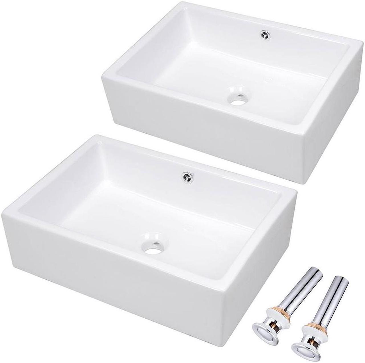 Aquaterior® 2 Pcs Rectangle Porcelain Above Counter Vessel Sink Ceramic Basin with Drain Overflow