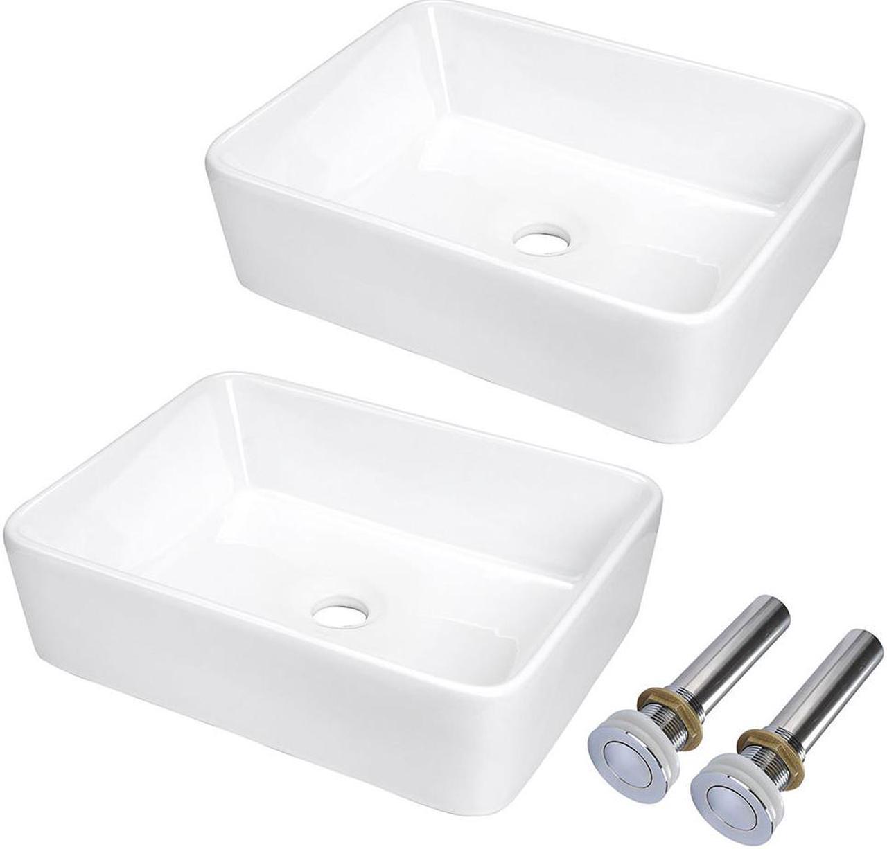 Aquaterior® 2 Pcs Rectangle Porcelain Above Counter Vessel Vanity Sink Ceramic Wash Basin with Drain