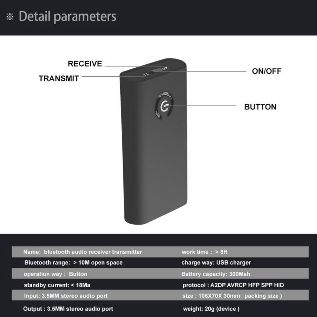 Alt view image 6 of 6 - B9 Wireless Bluetooth Transmitter Receiver 3.5mm Stereo Audio Adapter Output for Headphones TV PC 2 in 1 Transceiver Adapter
