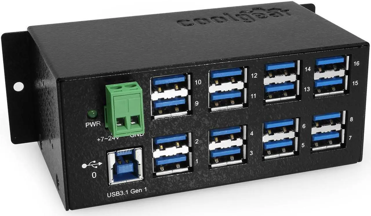 Main image of Coolgear Industrial 16 Port USB 3.2 Hub with 5Gbps Speed, Surge Protection & Mounting Options