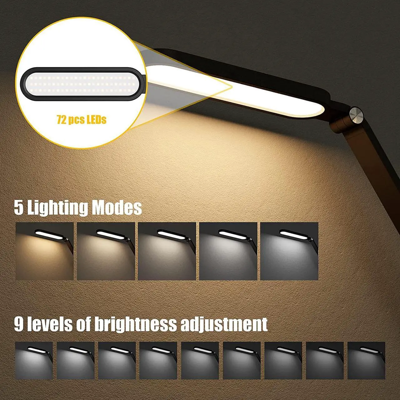 Alt view image 2 of 7 - LED Desk Lamp, Eye-Caring Table Lamps Natural Light Protects Eyes Dimmable Office Lamp with 5 Color Modes USB Charging Port Touch Control and Memory Function, 10W Reading Lamp,Black