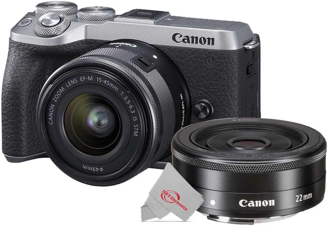 Main image of Canon EOS M6 Mark II Mirrorless Digital Camera Silver with 15-45mm Lens + EF-M 22mm f2 STM Lens