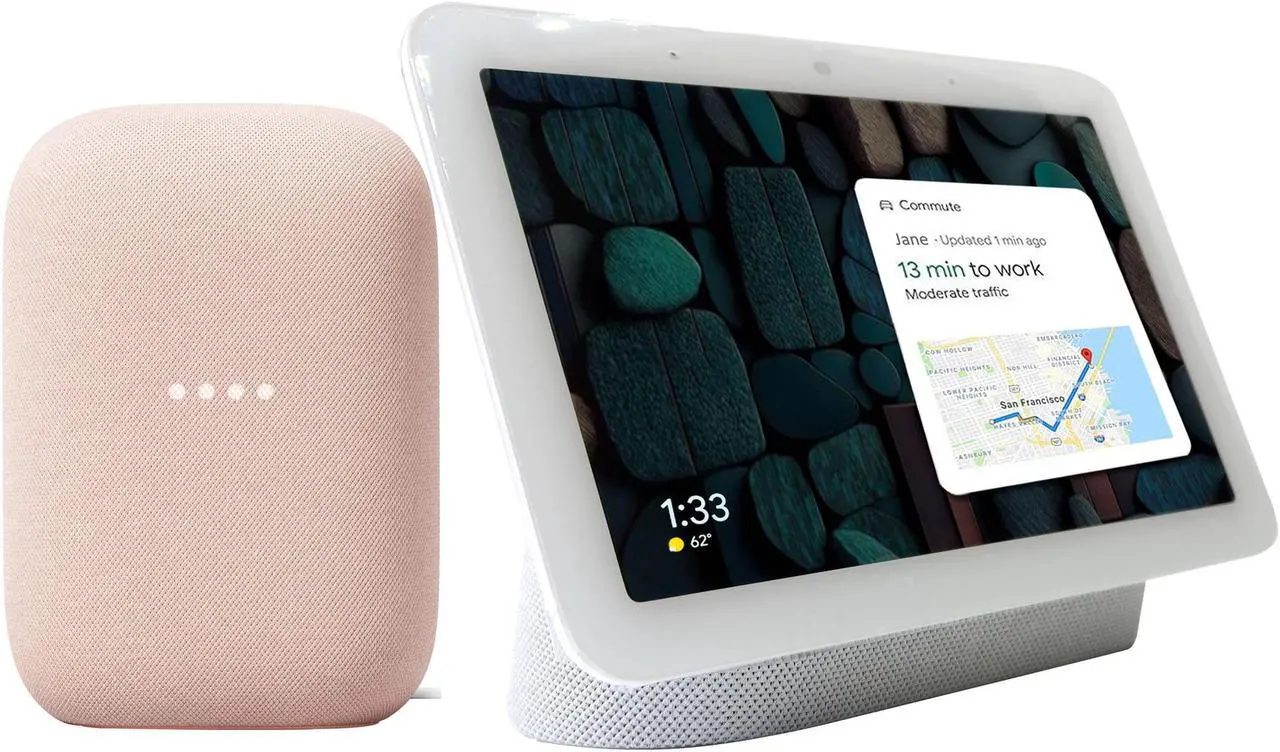 Main image of Google Nest Hub 2nd Gen Smart Home Display with Google Assistant (Chalk) and Google Nest Audio Smart Speaker (Sand)