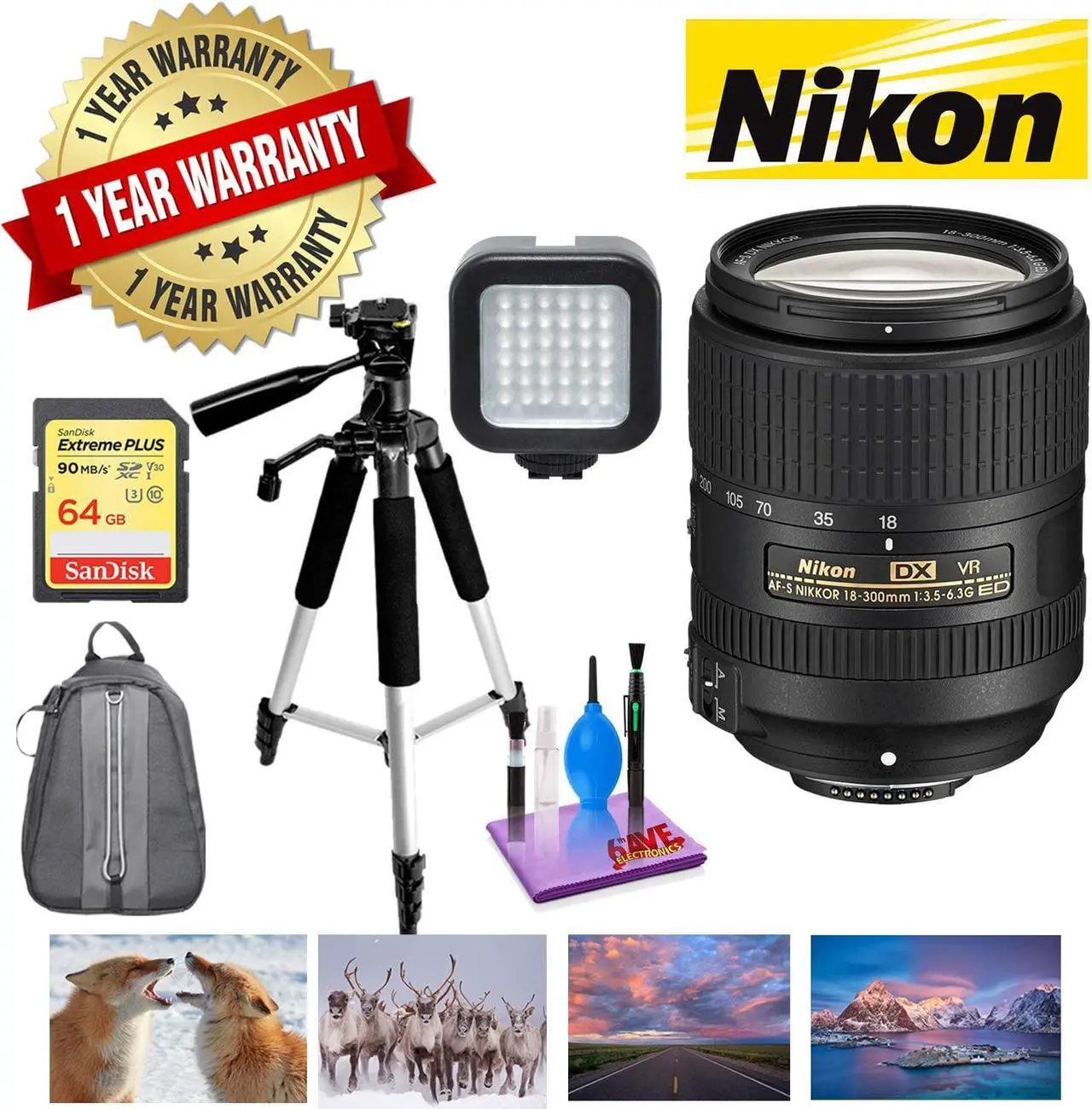 Main image of NIKON 18-300MM F/3.5-6.3G ED AF-S DX VR Lens with 1 Year Warranty, Sandisk 64GB Memory, Portable LED Light, and Deluxe P