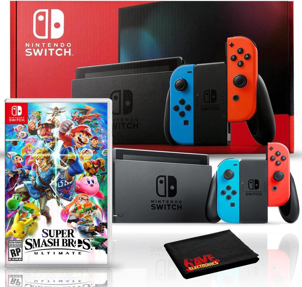 Alt view image 2 of 5 - Nintendo Switch with Neon Blue and Red JoyCon Bundle with Super Smash Bros. Ultimate