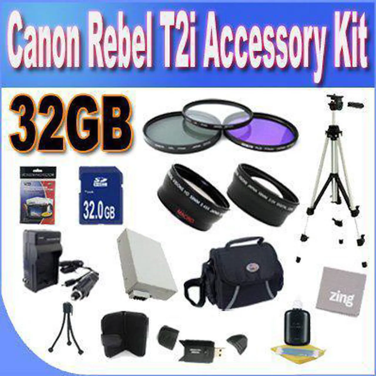 Alt view image 5 of 7 - Canon T2I Accessory Saver Kit (58mm Wide Angle Lens + 58mm 3 Piece Filter Kit + 32GB SDHC Memory + Extended Life Battery