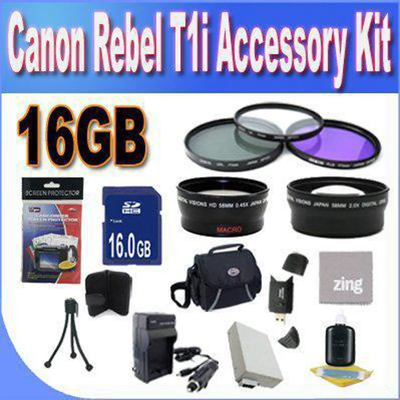 Main image of Canon T1I Accessory Saver Kit (58mm Wide Angle Lens + 58mm 3 Piece Filter Kit + 16GB Memory Card + Accessory Saver Bundl