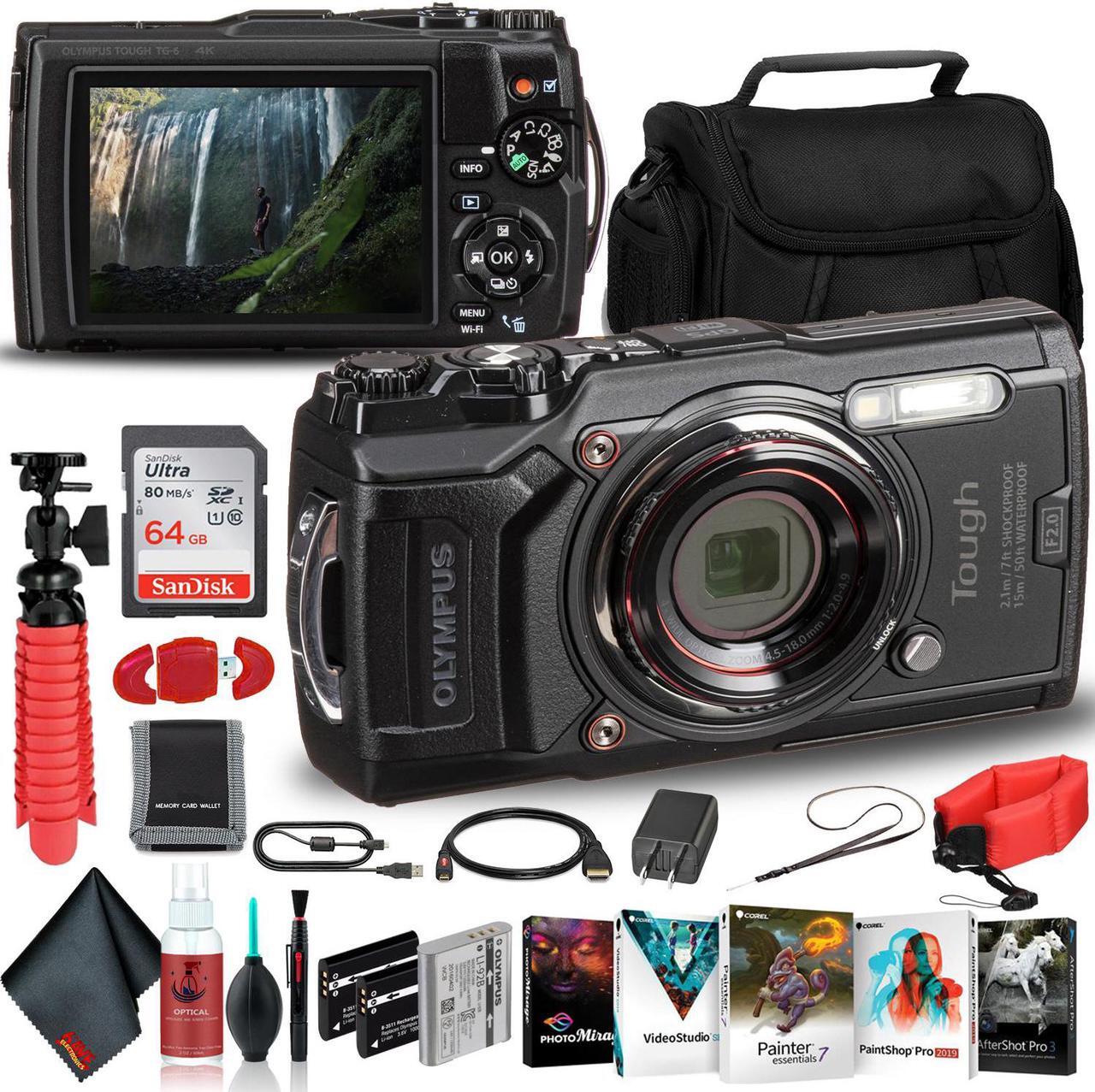 Main image of Olympus Tough TG-6 Waterproof Camera (Black) - Adventure Bundle - With 2 Extra Batteries + Float Strap + Sandisk 64GB Ultra Memory Card + Padded Case + Flex Tripod + Photo Software Suite + More